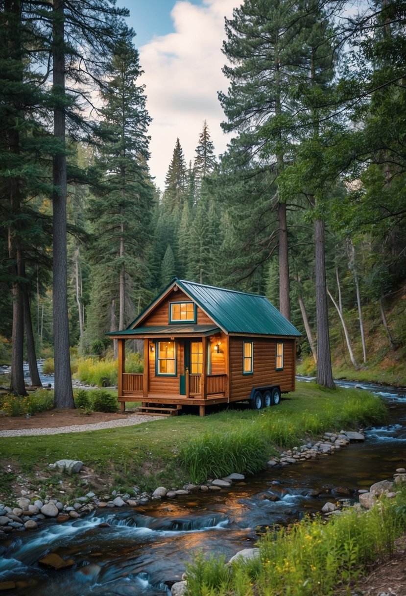 A cozy two-story tiny cabin nestled in a serene forest, surrounded by tall trees and a winding river. The cabin features a charming exterior with a small porch and large windows