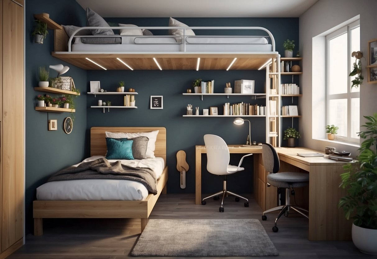 A tiny bedroom with a loft bed above a compact bathroom, utilizing space-saving furniture and clever storage solutions