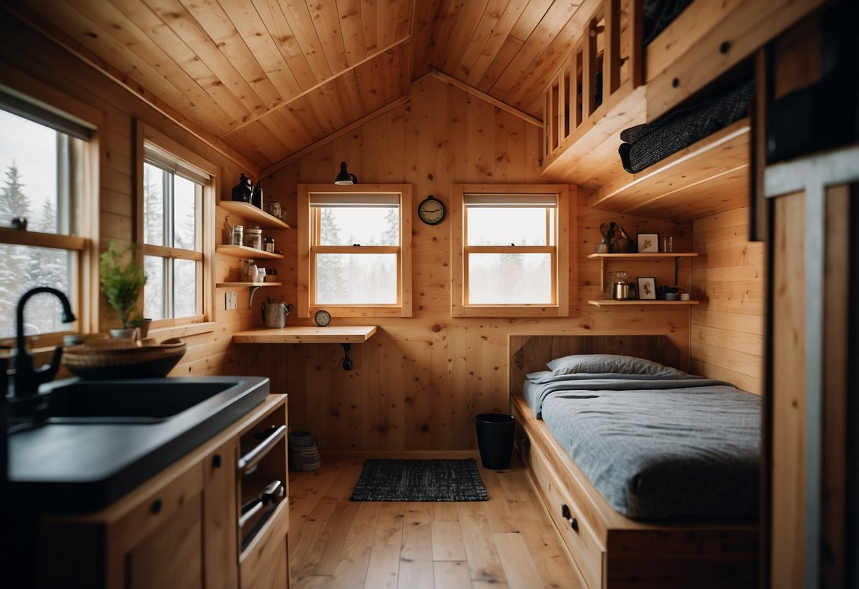 A cozy bedroom in a tiny home with a lofted bed, built-in storage, soft lighting, and a small bathroom with a space-saving sink and shower