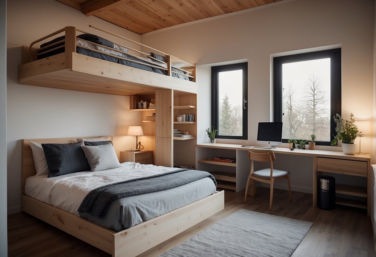 1 Bedroom Tiny House Floor Plans: Efficient Designs for Modern Living 1 A cozy bedroom with a lofted bed, small desk, and storage space. Open floor plan with a kitchenette and living area. Large windows for natural light