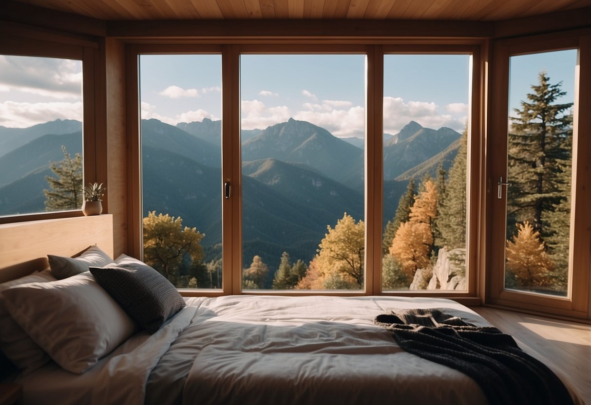 1 Bedroom Tiny House Floor Plans: Efficient Designs for Modern Living 5 A cozy, compact bedroom with a raised platform bed, a small desk, and a window overlooking a scenic view