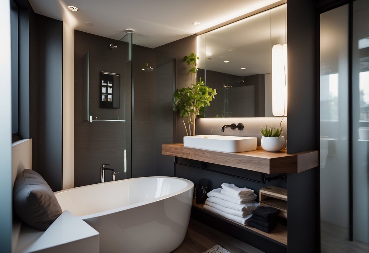 1 Bedroom Tiny House Floor Plans: Efficient Designs for Modern Living 11 A cozy tiny bathroom with modern fixtures and a compact vanity. The bedroom features a lofted bed and storage solutions