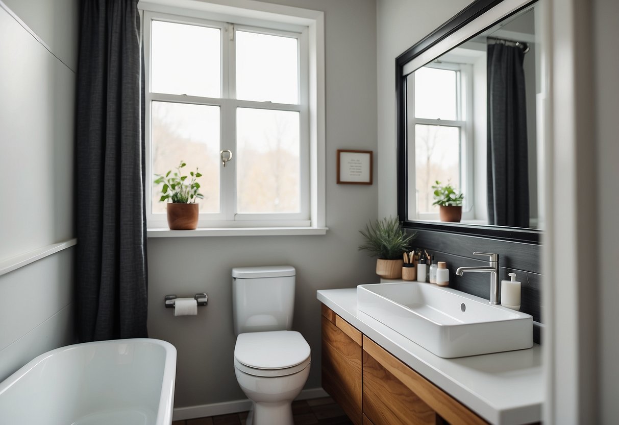 A cozy, minimalist bathroom in a tiny home bedroom. White walls, a compact sink, and a small shower stall with a curtain