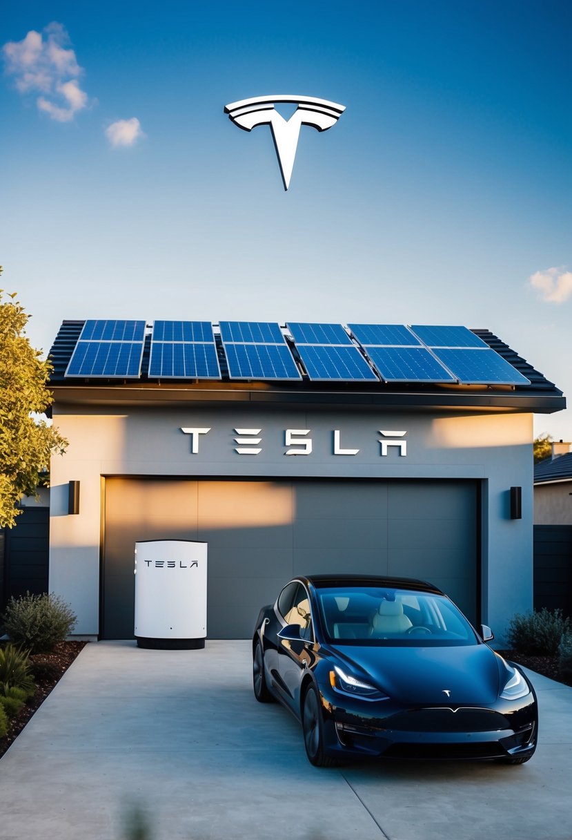 A modern, sleek house with a Tesla logo on the roof. Solar panels and a Tesla Powerwall are visible, with a Tesla electric car parked in the driveway