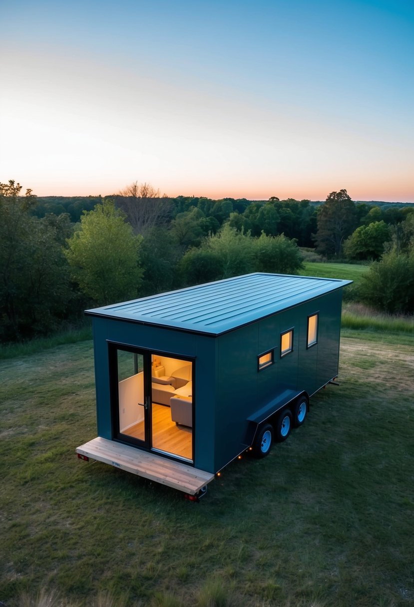 Aerial view of Tesla Tiny House with floor plan layout. Surrounding landscape includes trees and a clear sky