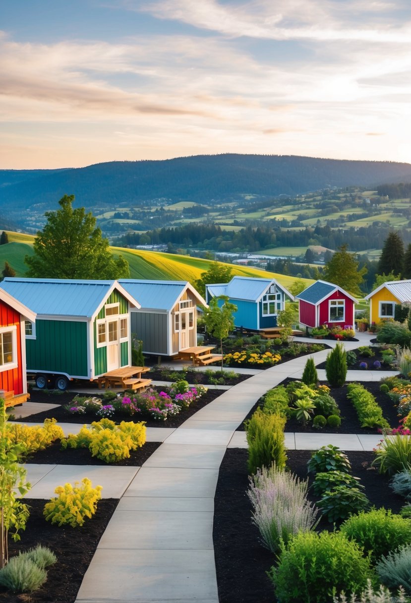 A picturesque tiny home community nestled in the rolling hills of Oregon, with colorful houses and communal gardens