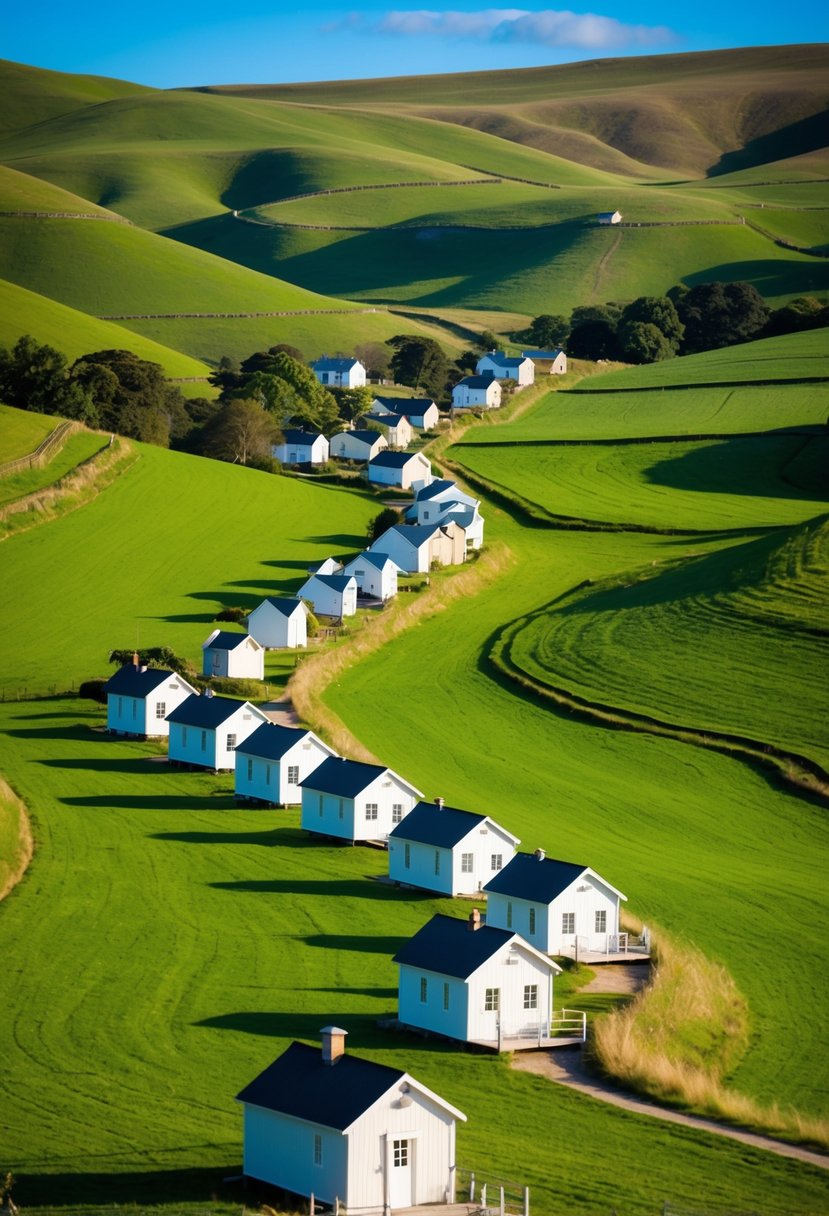 A picturesque landscape with rows of charming tiny homes nestled in a lush, green valley, surrounded by rolling hills and a clear blue sky