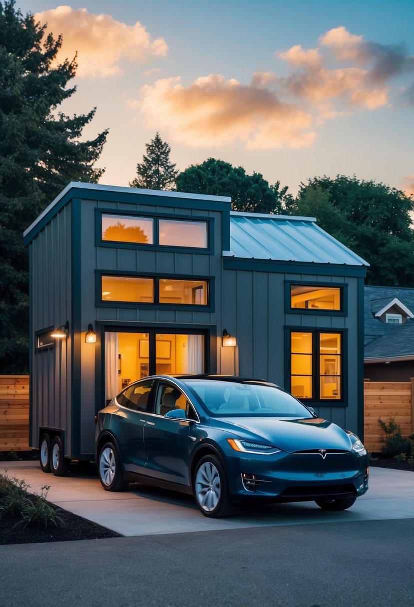 A cozy, modern tiny house floor plan with a Tesla electric vehicle parked outside in a vibrant community setting at Margaretlucas