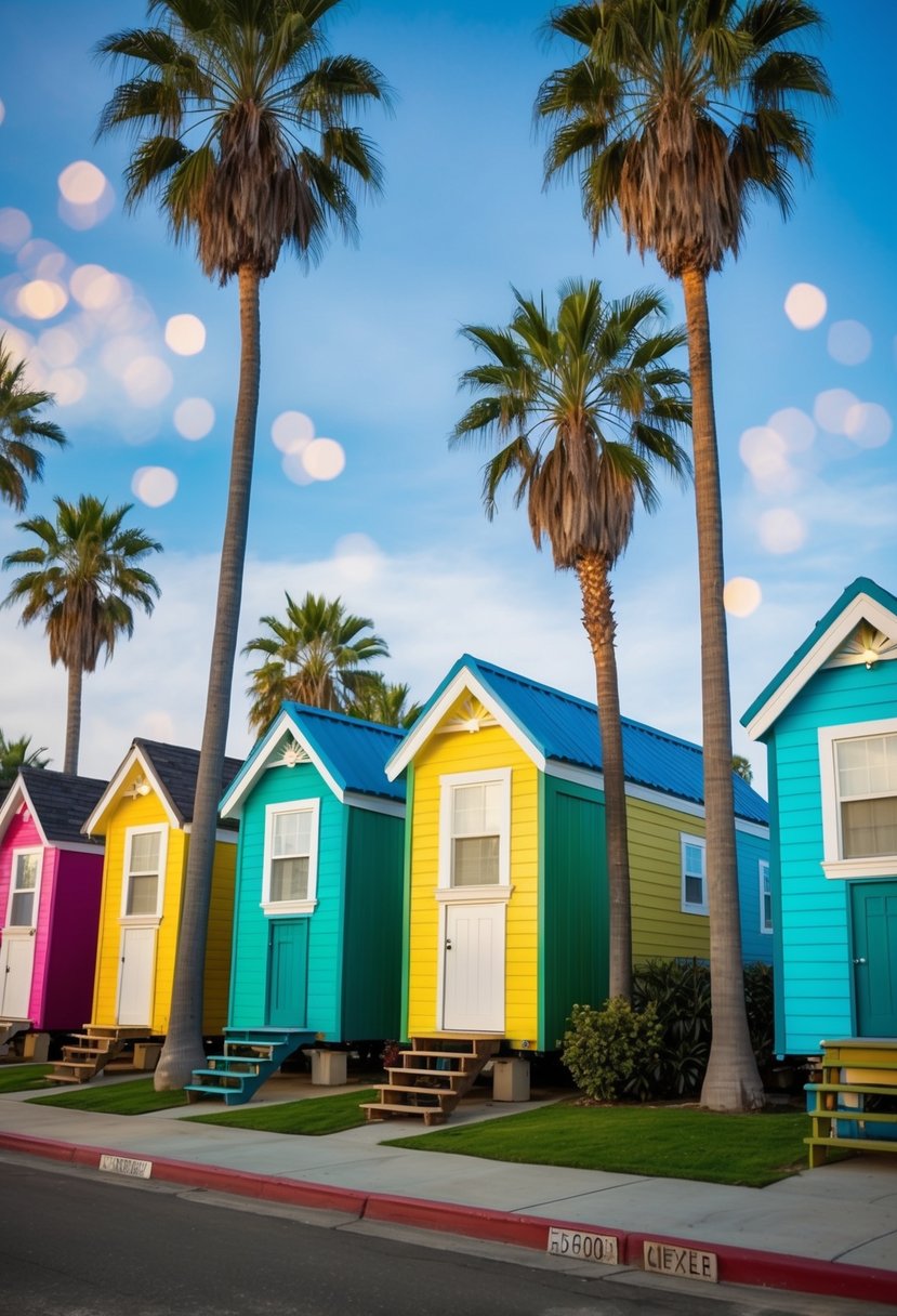 A row of colorful tiny houses nestled among palm trees in San Diego, California