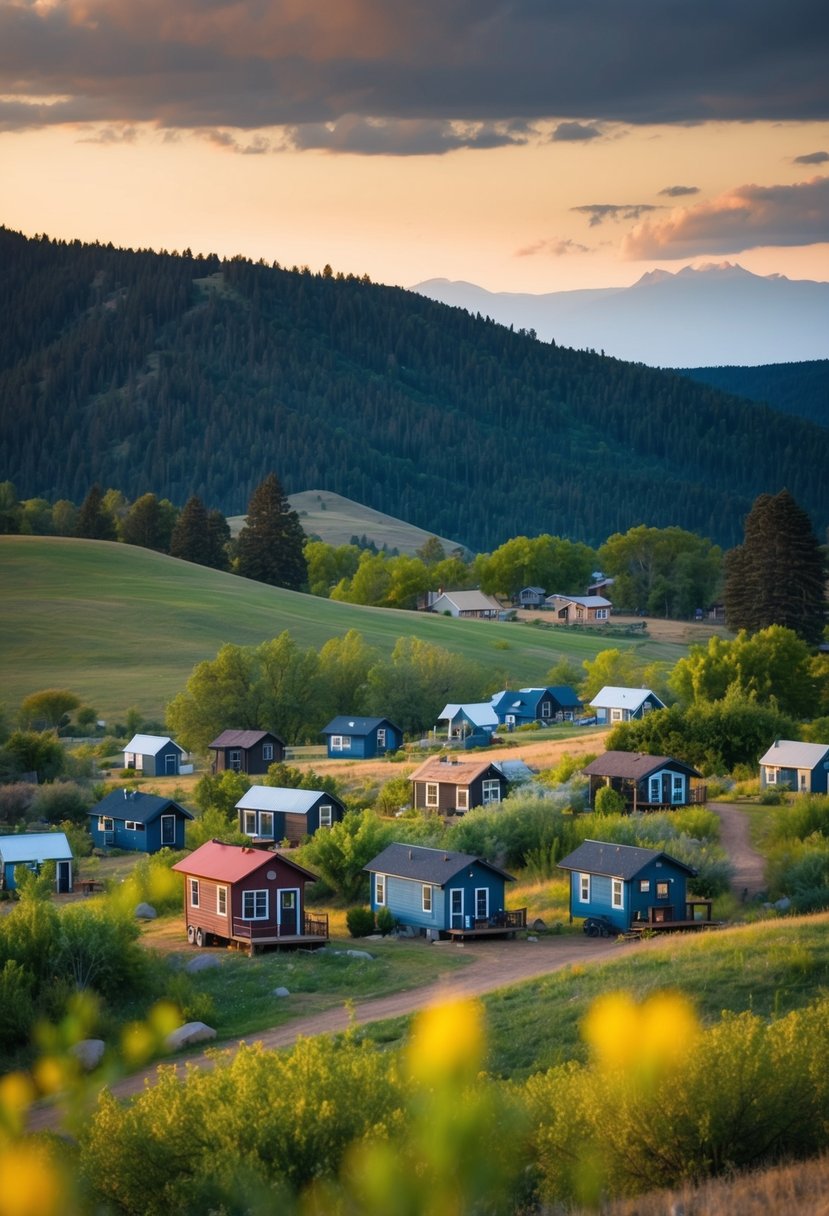 A cluster of tiny homes nestled among the rolling hills of Lyons, Colorado, surrounded by lush greenery and towering trees