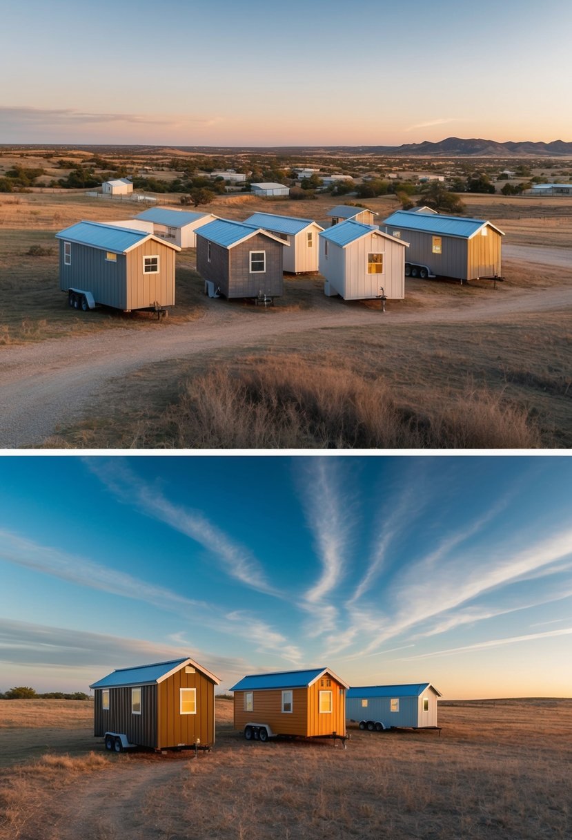 A cluster of tiny homes nestled in the open landscape of Spur, Texas