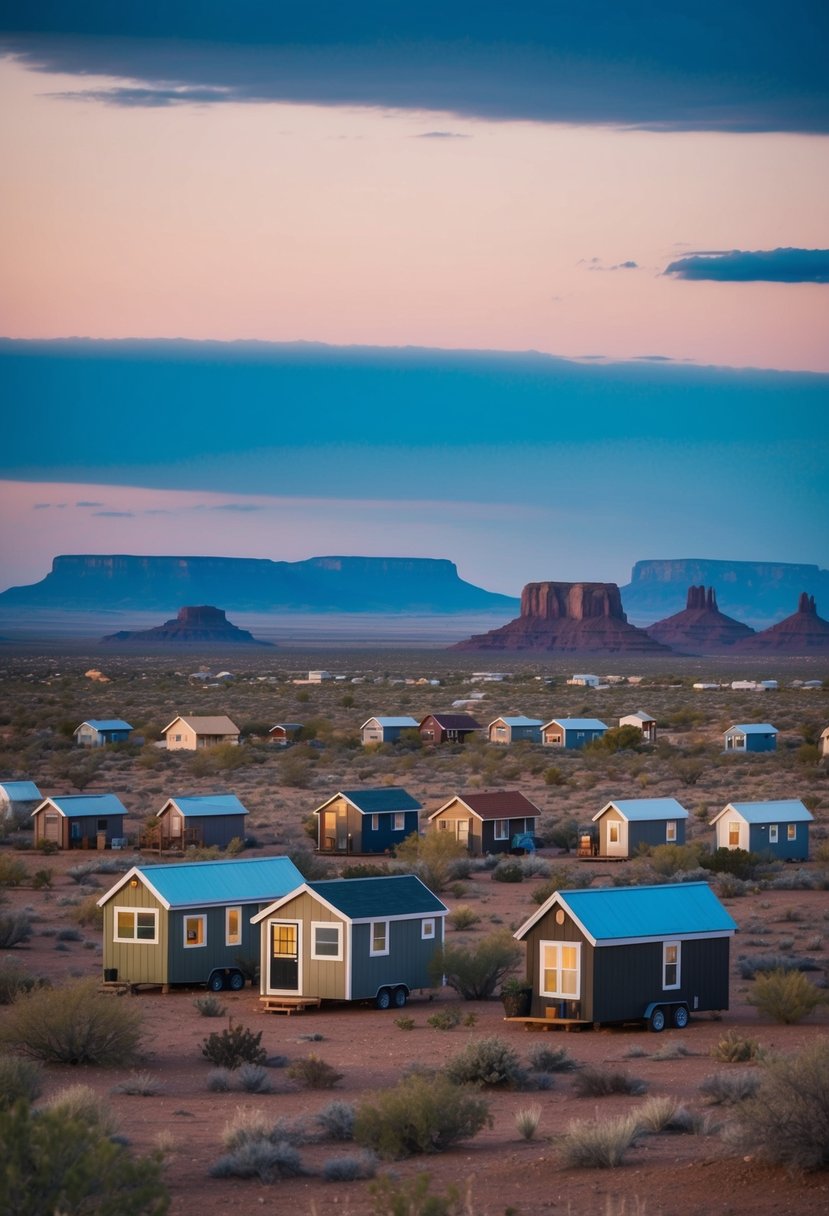 A cluster of tiny homes nestled among desert mesas in Bernalillo County, New Mexico