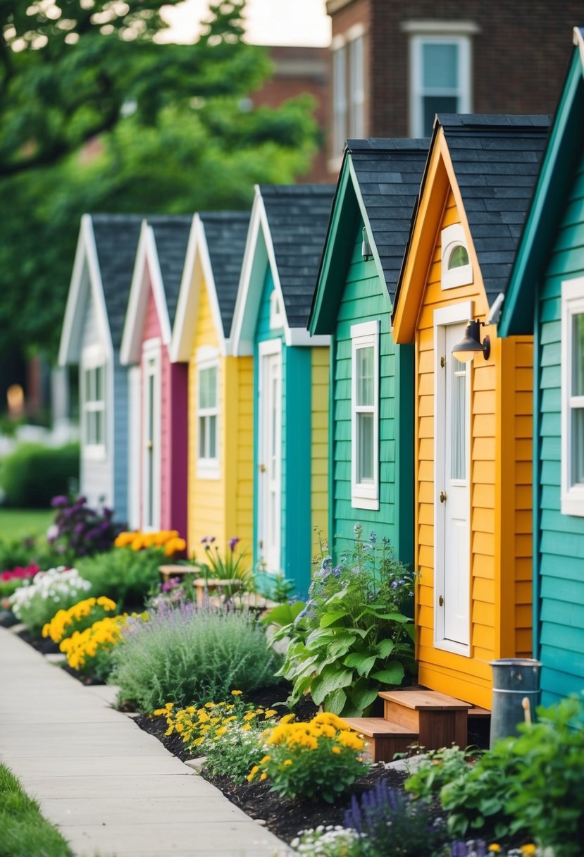 A row of colorful tiny homes nestled in a community garden in Detroit, Michigan