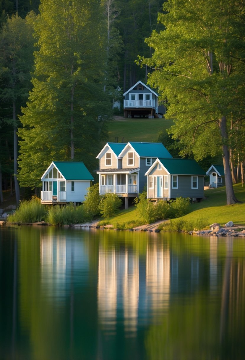 A cluster of tiny homes nestled among lush green trees near a tranquil lake in Canoe Bay, Wisconsin