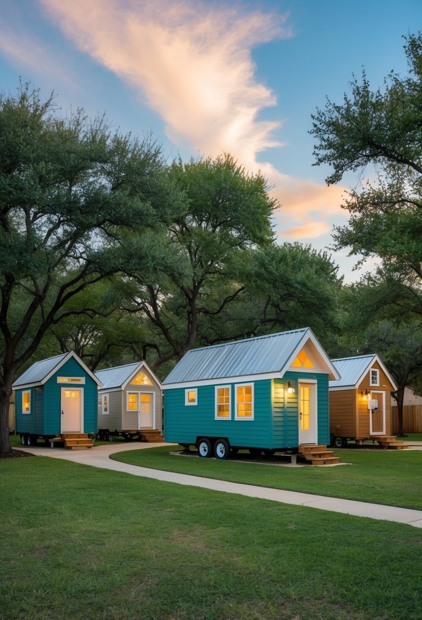 A cluster of tiny homes nestled among trees in Community First! Village, Austin, Texas