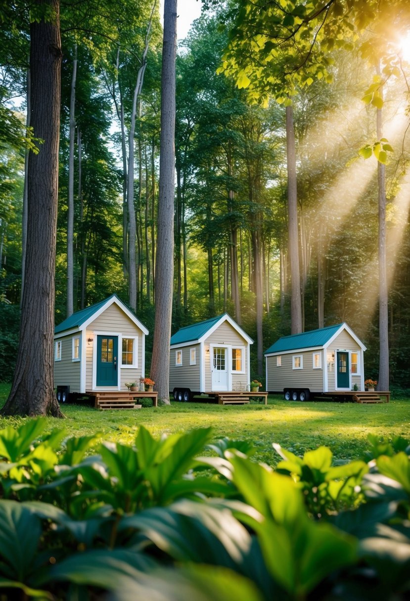 Tiny homes nestled in a lush forest clearing, surrounded by towering trees and dappled sunlight filtering through the leaves