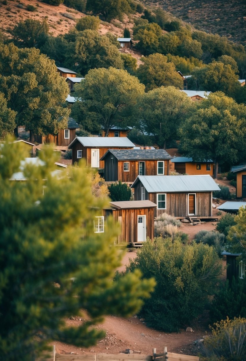 A cluster of tiny homes nestled among the trees in Escalante Village, Durango, Colorado