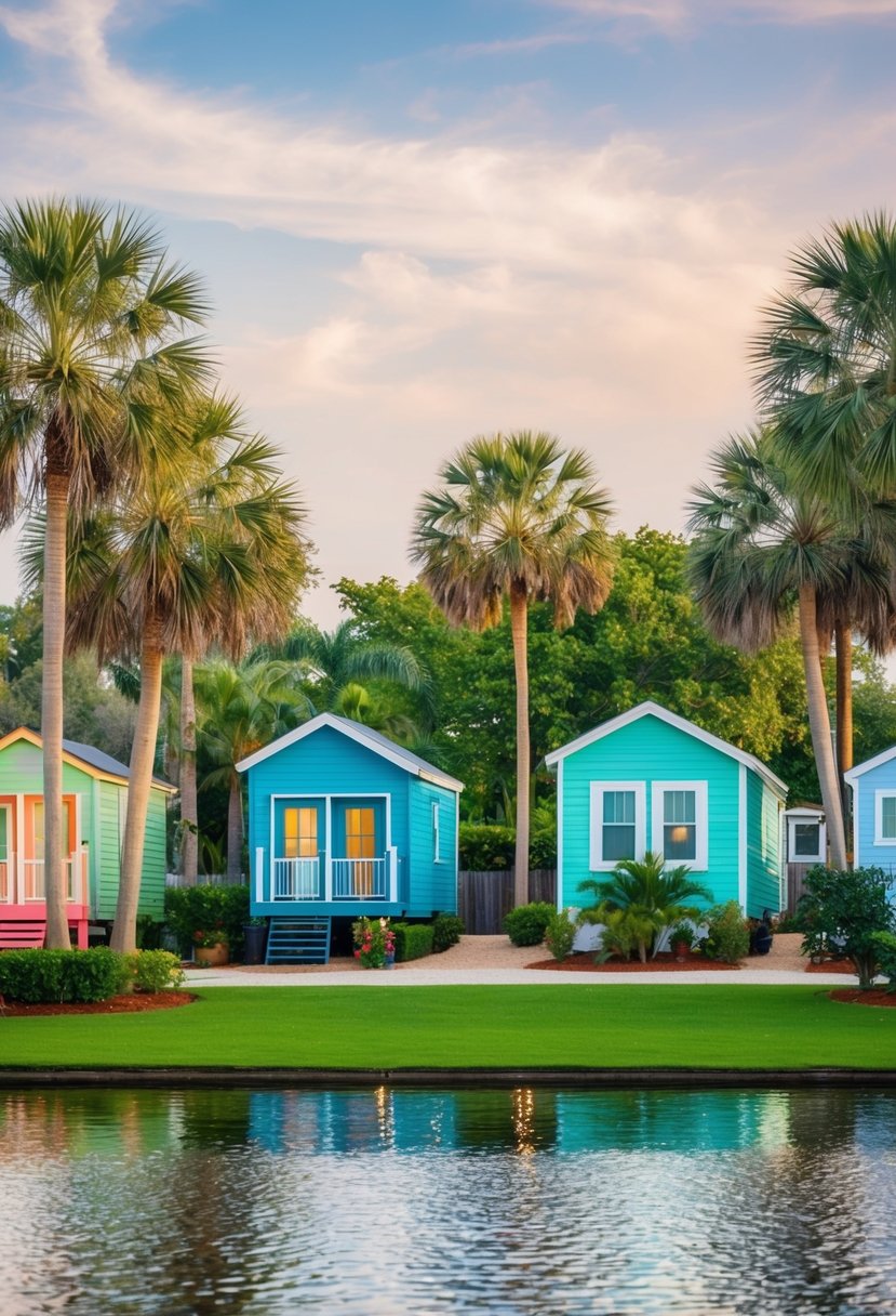 A serene lakefront with colorful tiny homes nestled among lush greenery and palm trees in Orlando, Florida