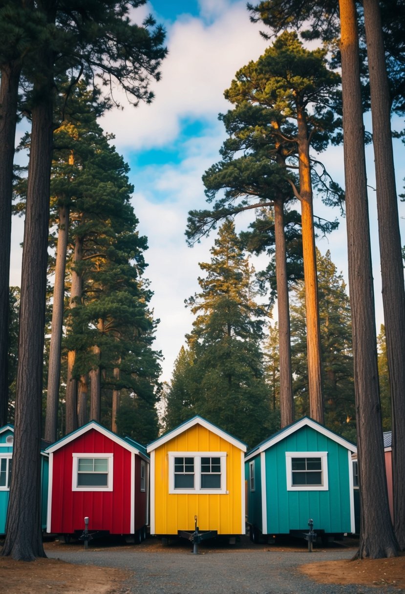 A cluster of colorful tiny homes nestled among tall trees at Park Delta Bay in Isleton, California