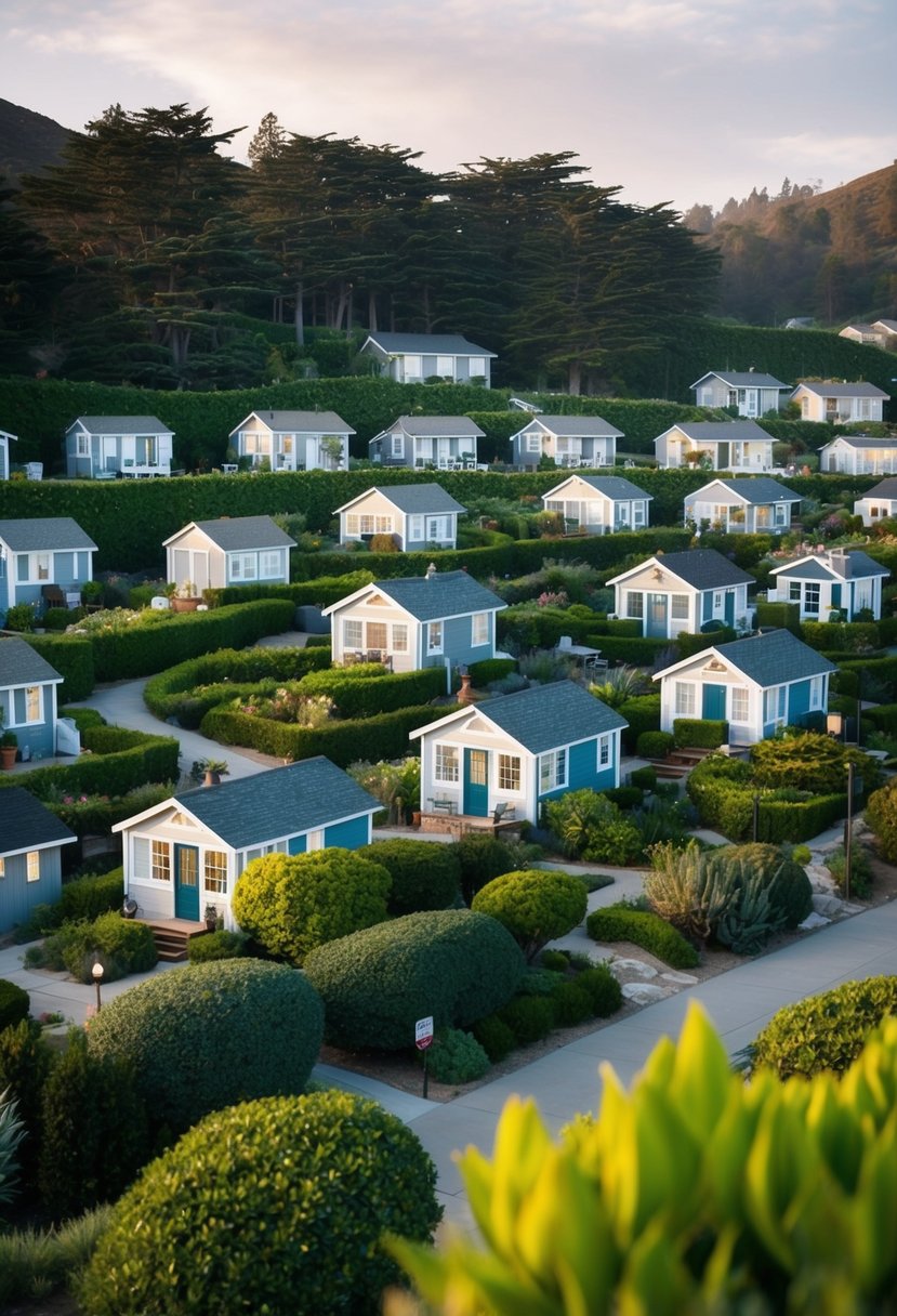 A cluster of tiny homes nestled among lush greenery in Lemon Cove Village, California