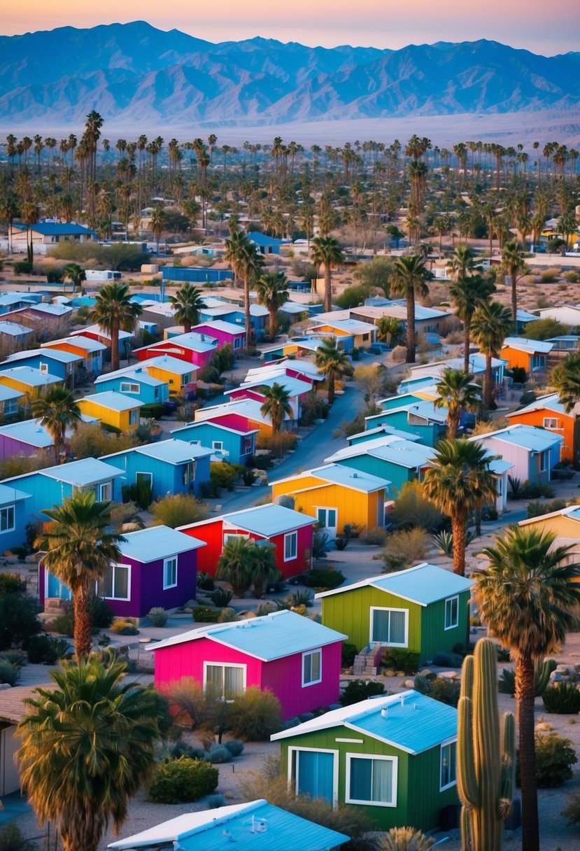 A desert landscape with rows of colorful tiny homes nestled among palm trees and cacti in Palm Springs, California