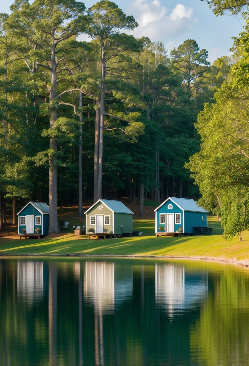 A serene lake surrounded by lush trees with tiny homes nestled along the water's edge in Greer, South Carolina