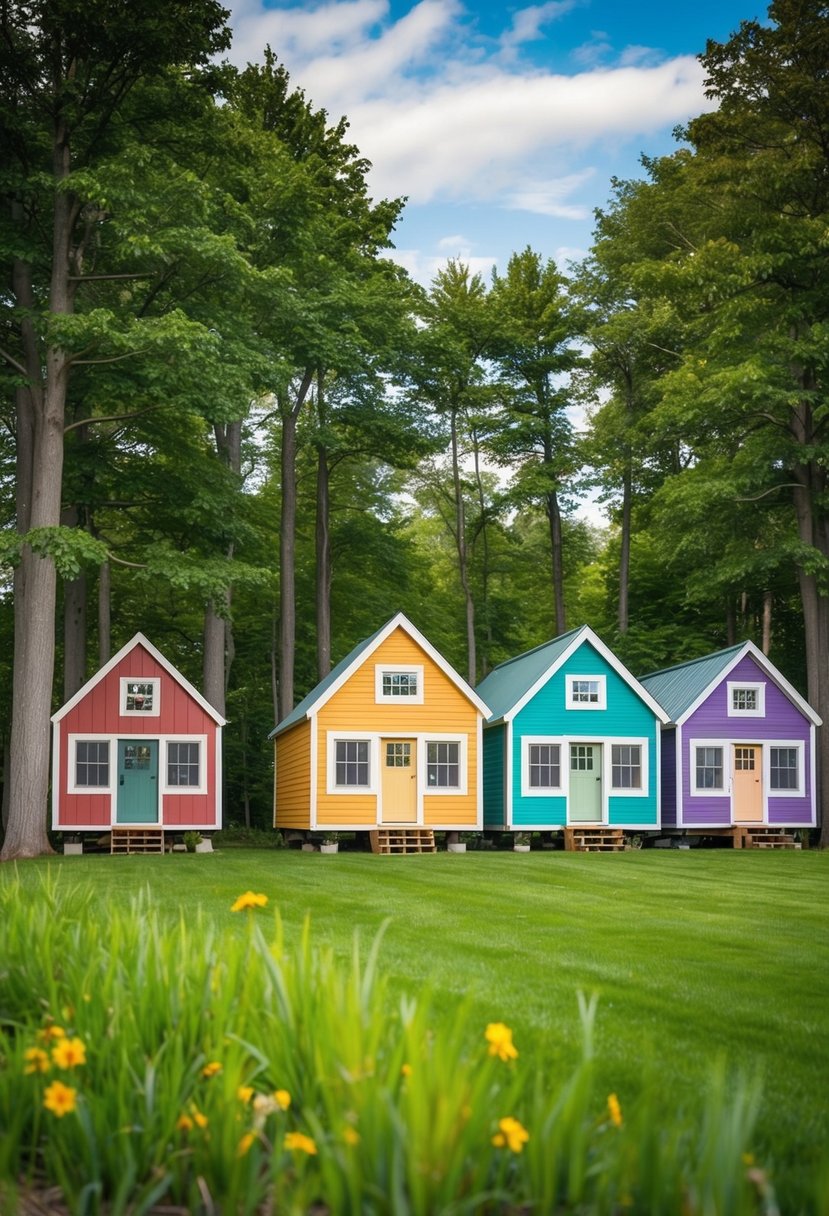 A cluster of colorful tiny homes nestled among tall trees in Cottage Estates, Acme, Michigan