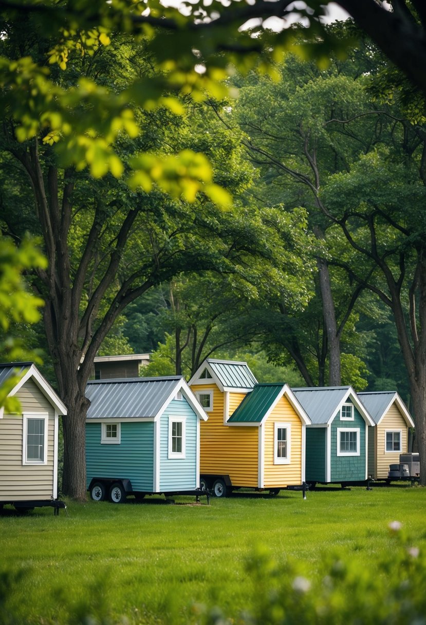 A cluster of tiny homes nestled among lush trees in Cedar Springs, Ohio