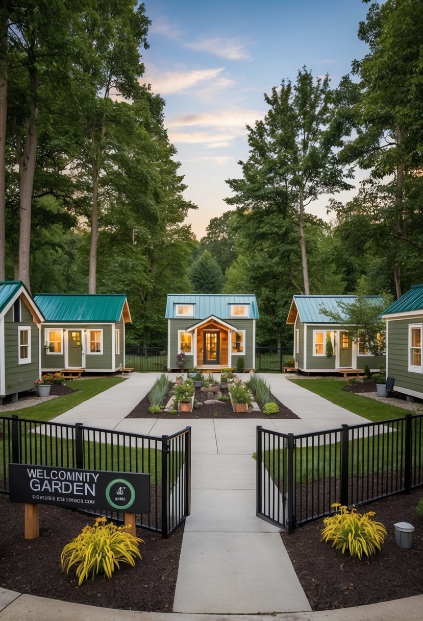 A cluster of tiny houses nestled among trees, with a central community garden and gathering area, surrounded by a fence and a welcoming entrance sign