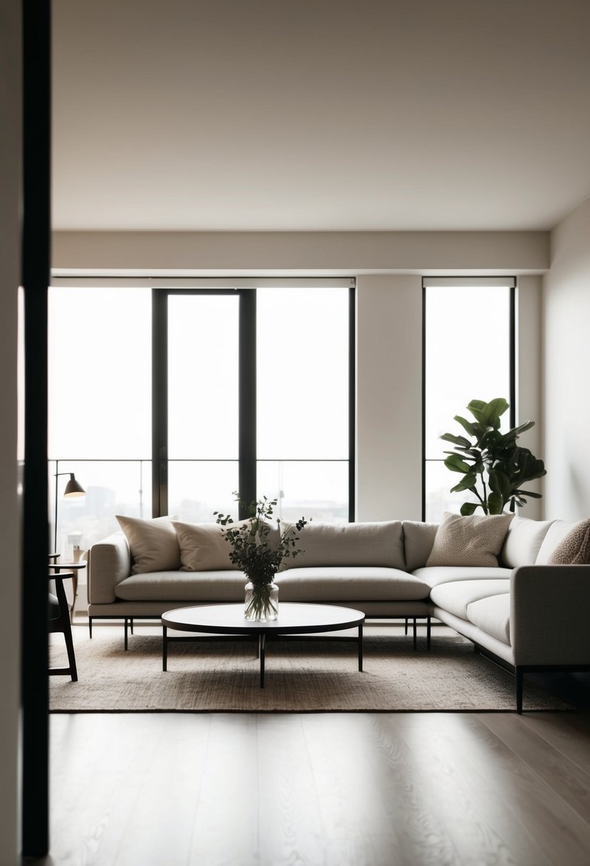 A cozy, minimalist living room with sleek furniture, natural light, and a neutral color palette