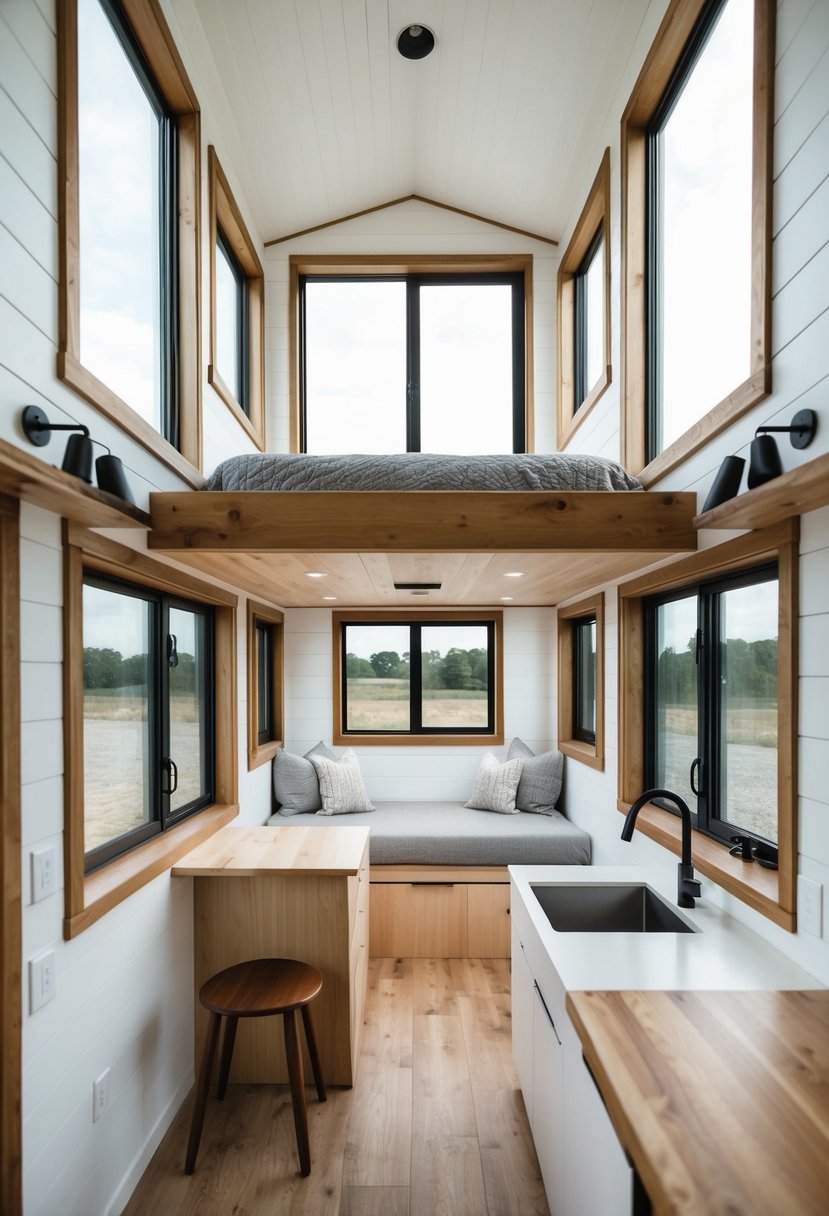 A modern tiny house interior with minimalist furniture, large windows, and a lofted bed