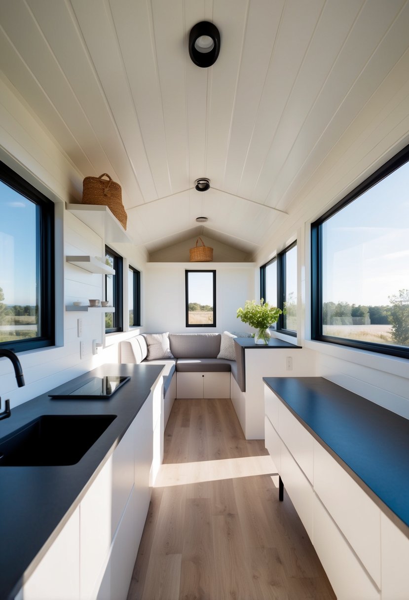 A sleek, minimalist tiny house interior with multifunctional furniture, plenty of natural light, and a neutral color palette