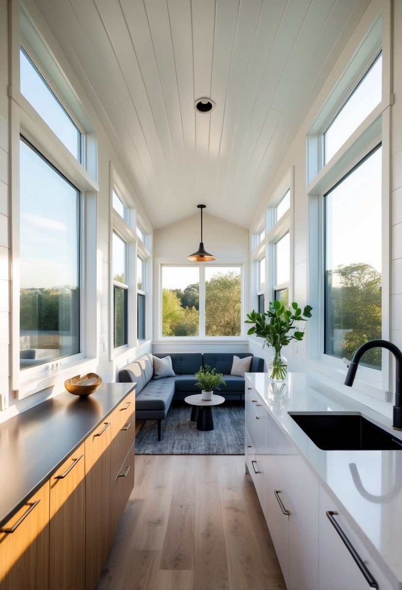 A modern tiny house interior with sleek furniture, clean lines, and natural light streaming in through large windows