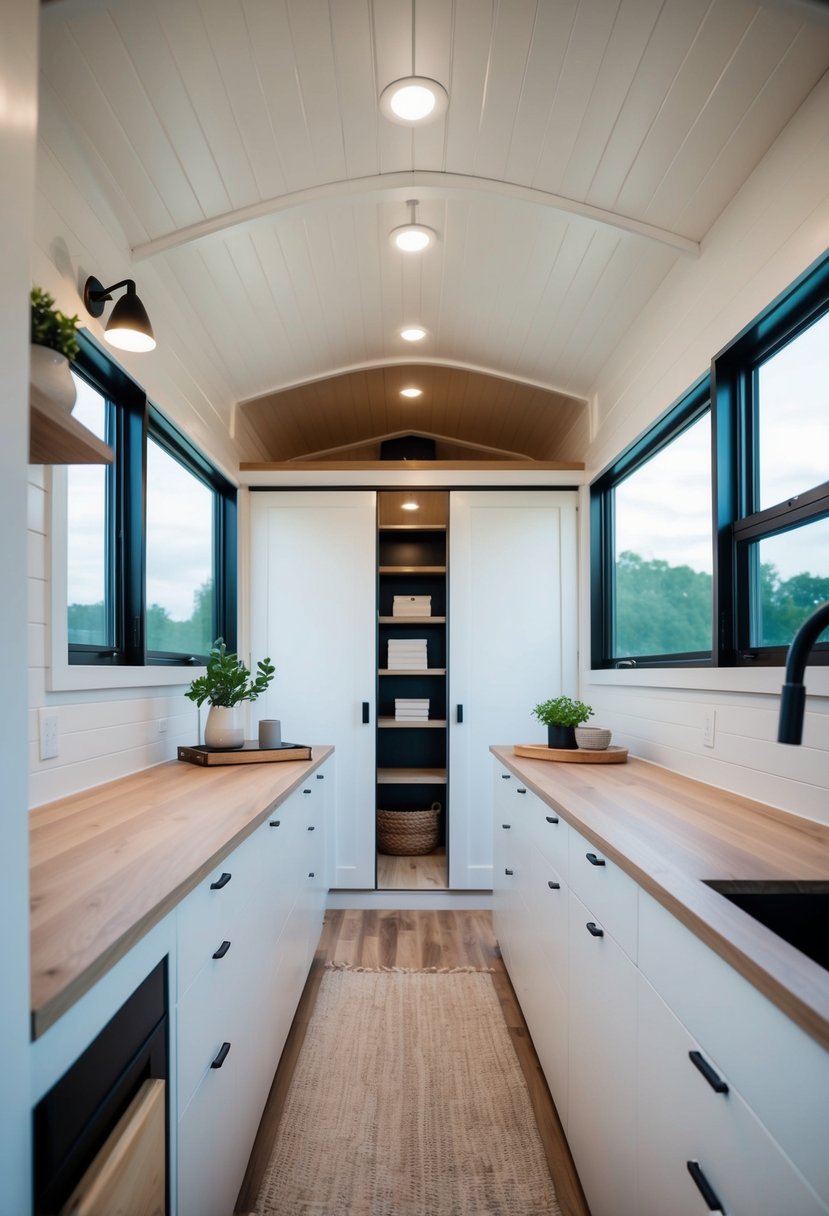 A sleek, minimalist tiny house interior with built-in storage and organization solutions, featuring clean lines and contemporary design elements