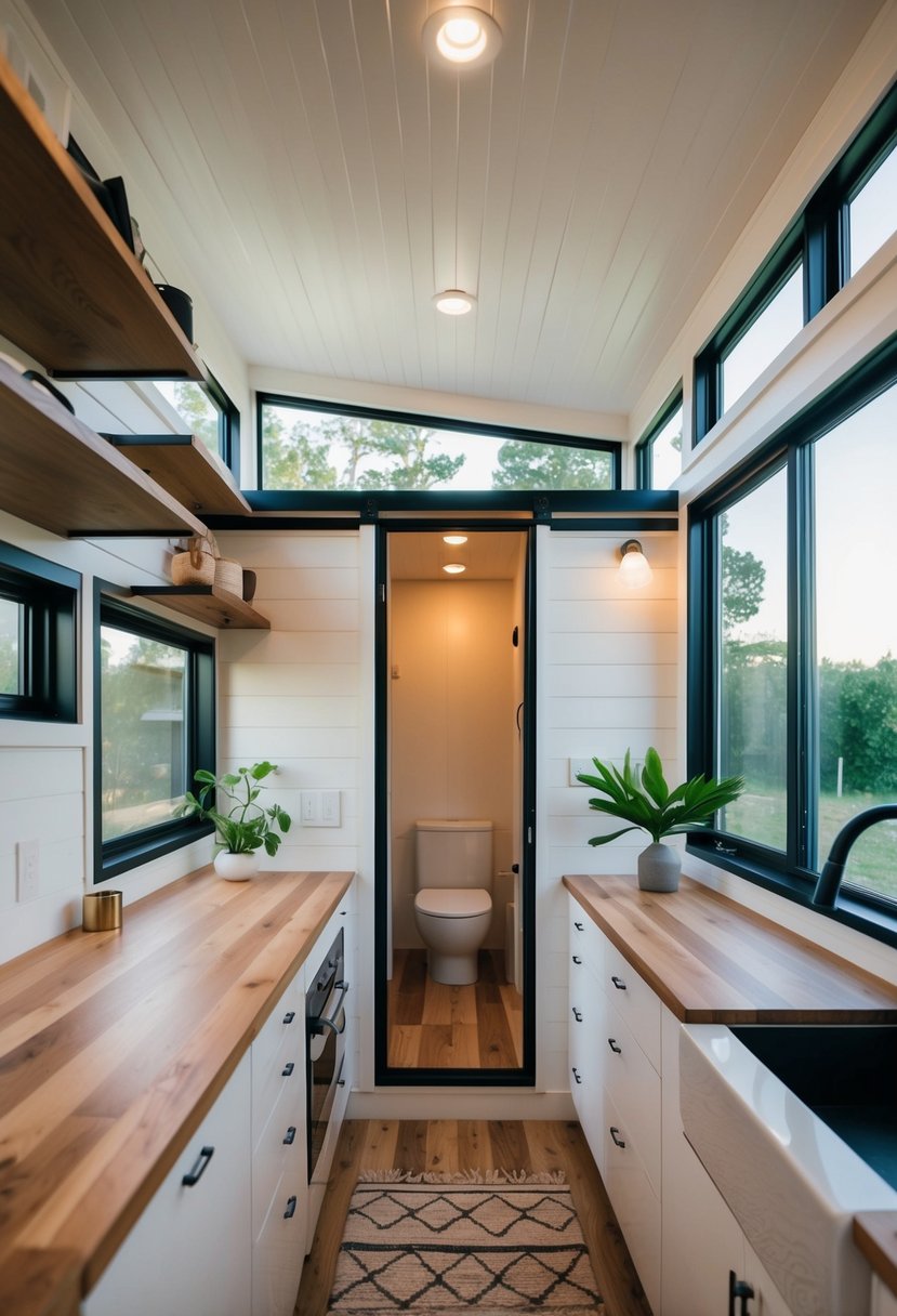 A modern tiny house interior with minimalist furniture, natural lighting, and space-saving design elements