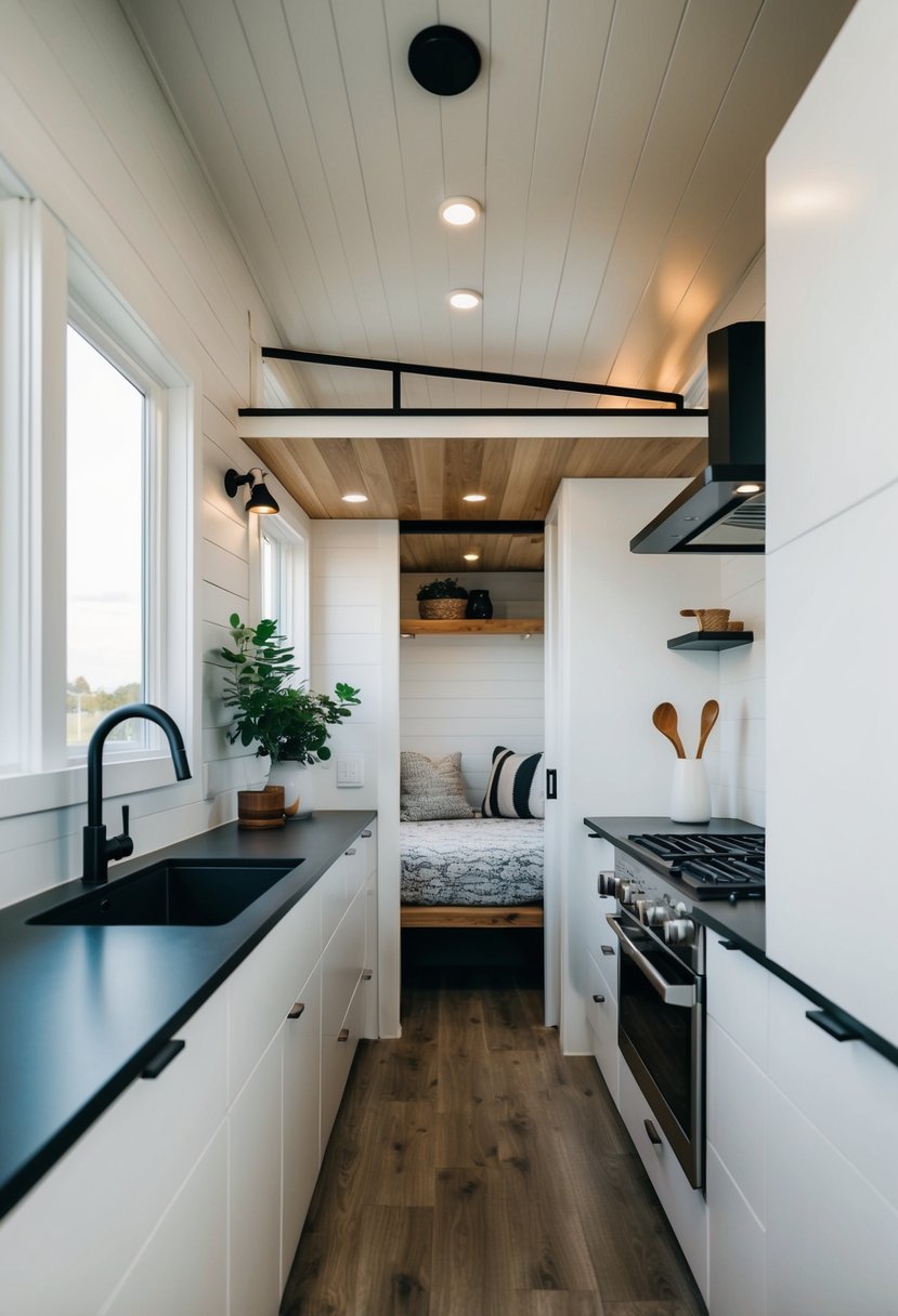 A modern tiny house interior with sleek design elements and materials