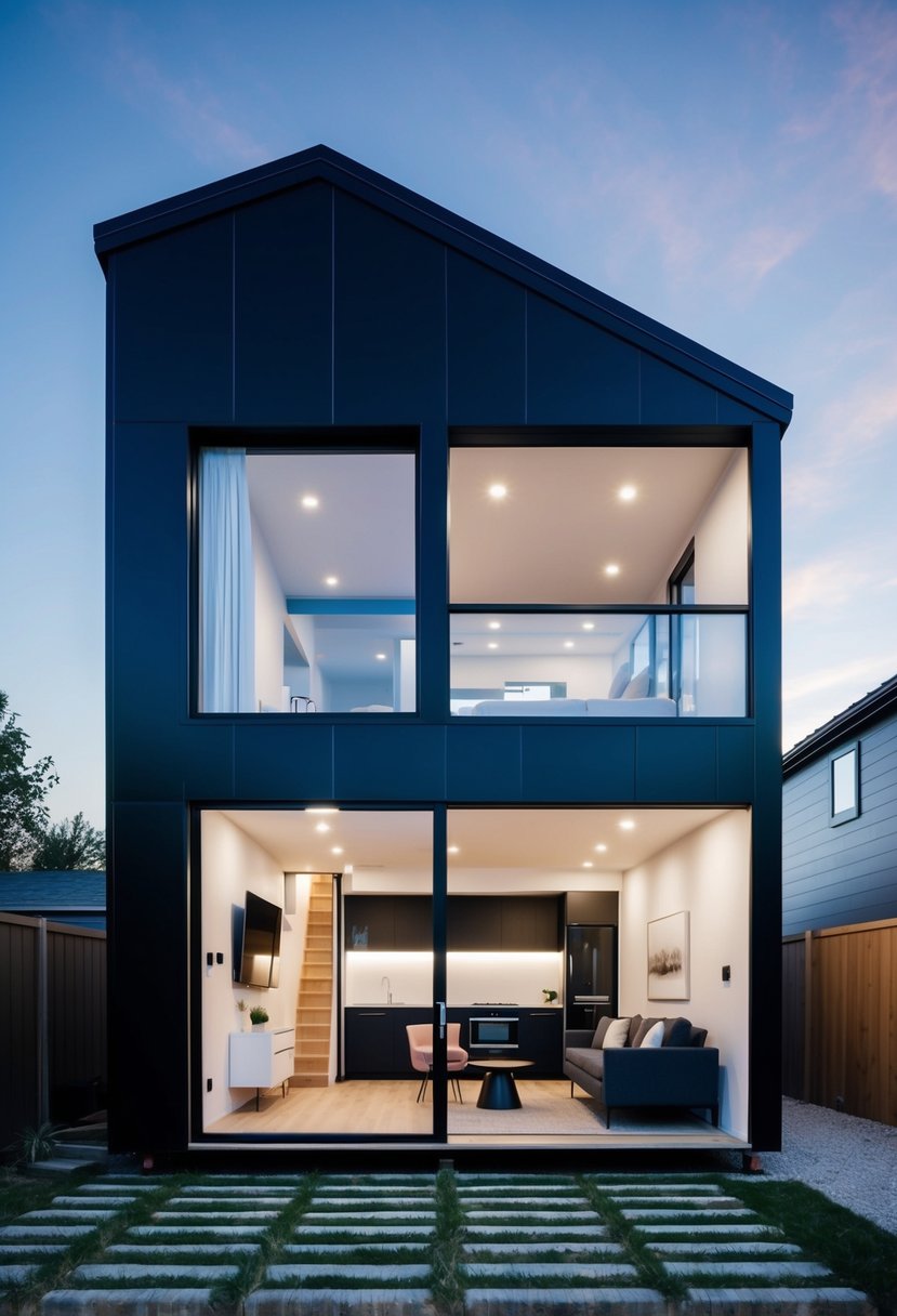 A sleek, minimalist 2-storey tiny house with modern interior design. Clean lines, open space, and natural light create a stylish and functional living space