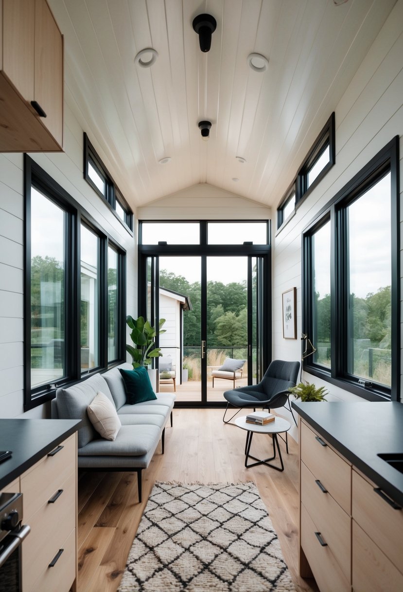 A cozy modern tiny house with sleek minimalist furniture, large windows letting in natural light, and a stylish open-concept layout