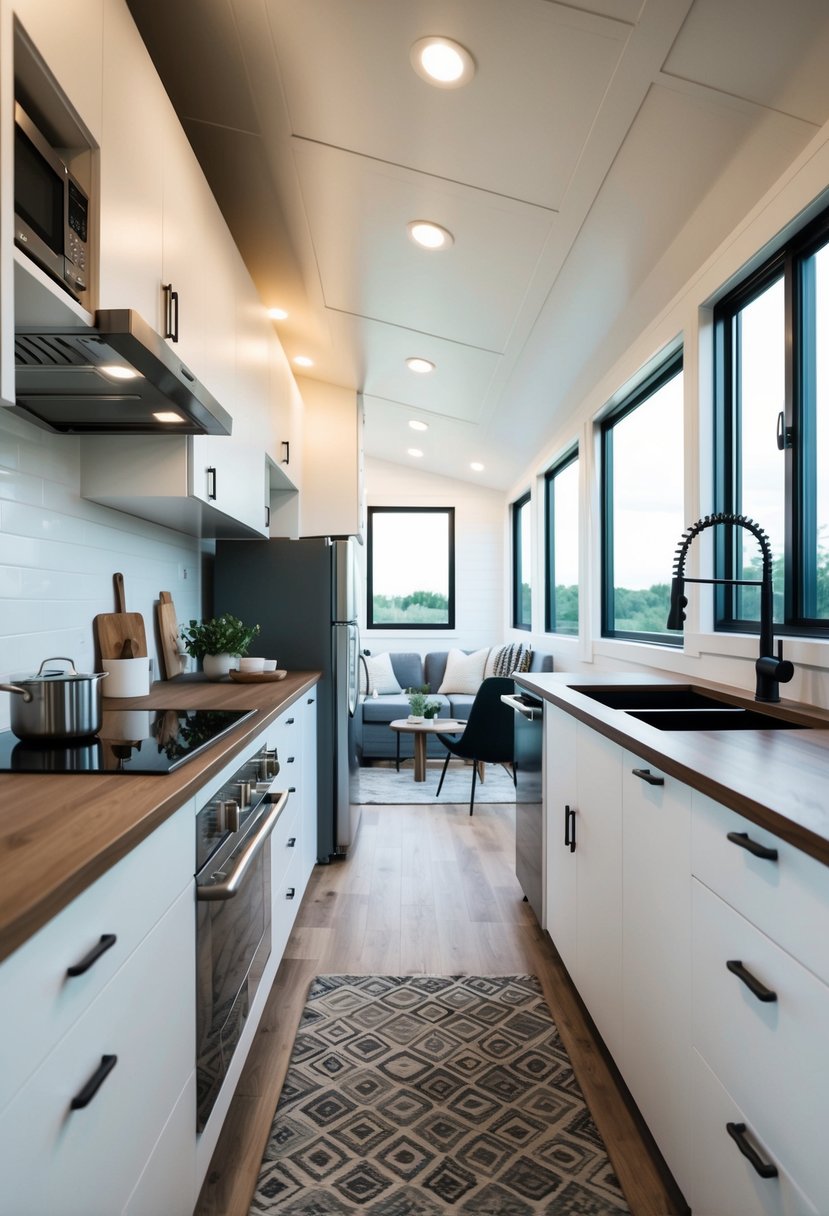 A sleek, minimalist kitchen with high-end appliances and a cozy living area with stylish furniture in a modern tiny house interior design