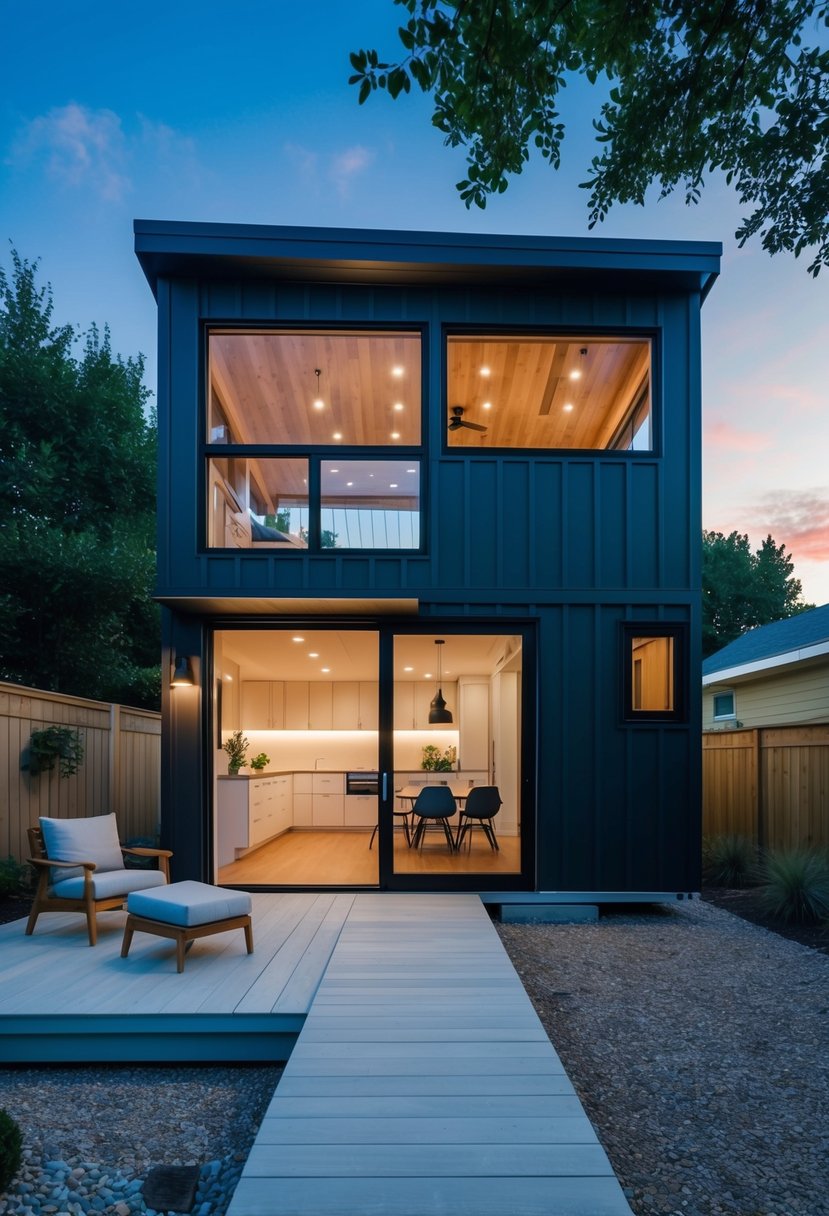 A modern tiny house with large windows, open floor plan, and seamless transition between indoor and outdoor spaces