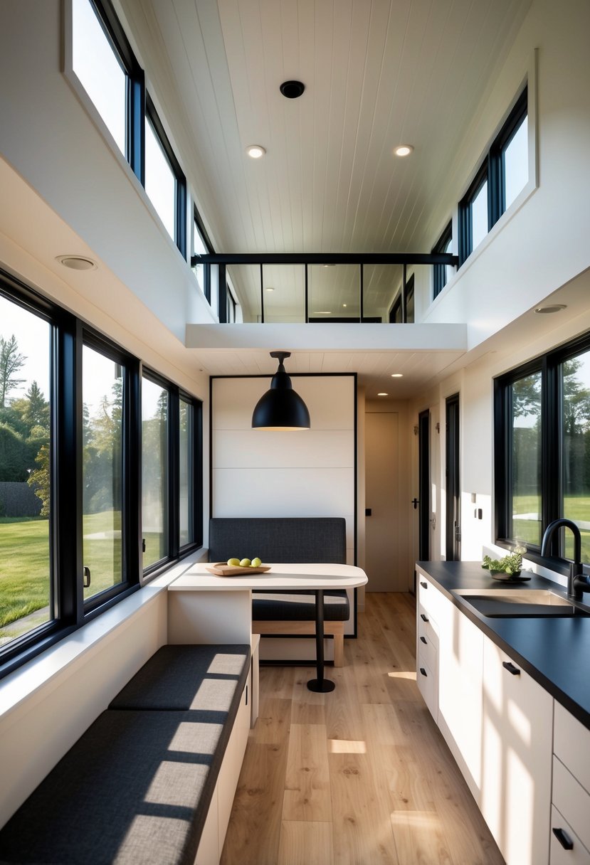 A cozy modern tiny house with sleek, minimalist interior design, featuring multifunctional furniture and large windows for natural light