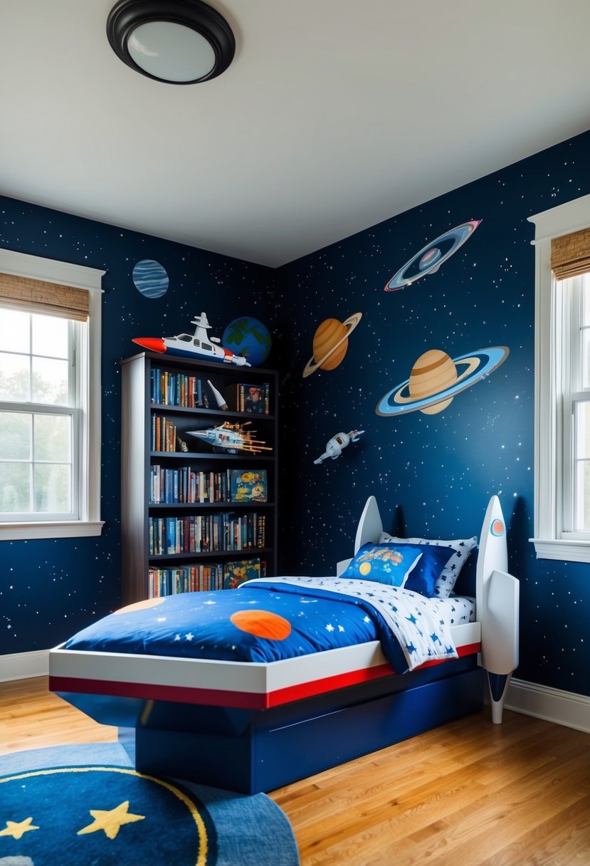 A young boy's bedroom with a space theme, featuring a rocket-shaped bed, starry wallpaper, and a bookshelf filled with science fiction novels and model spaceships