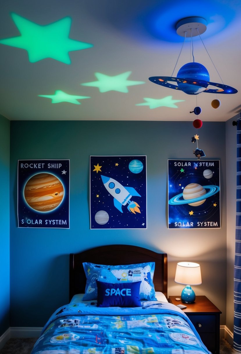 A young boy's bedroom with a space theme: glow-in-the-dark stars on the ceiling, rocket ship posters, and a model solar system hanging from the ceiling