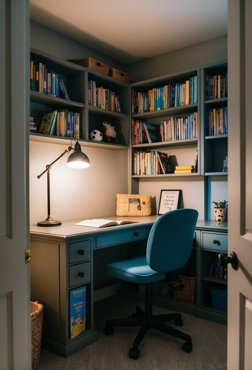 A cozy study area in a young boy's bedroom, with a sturdy desk, bookshelves, a comfortable chair, and a bright lamp for reading and studying