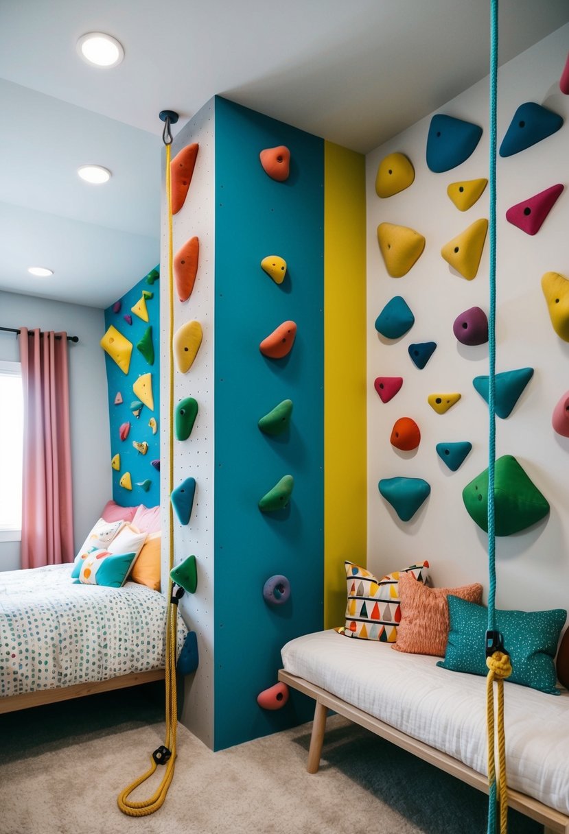 A bedroom with a climbing wall taking up one entire side, surrounded by colorful holds and ropes, with a cozy bed and playful decor