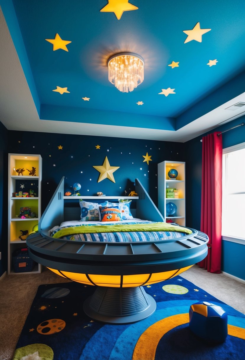 A custom-built spaceship bed dominates a young boy's bedroom, surrounded by space-themed decor and glowing star stickers on the ceiling