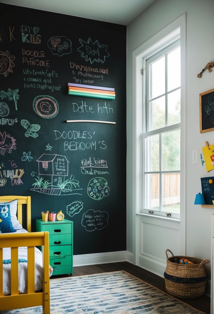 A colorful chalkboard wall filled with drawings and doodles in a young boy's bedroom