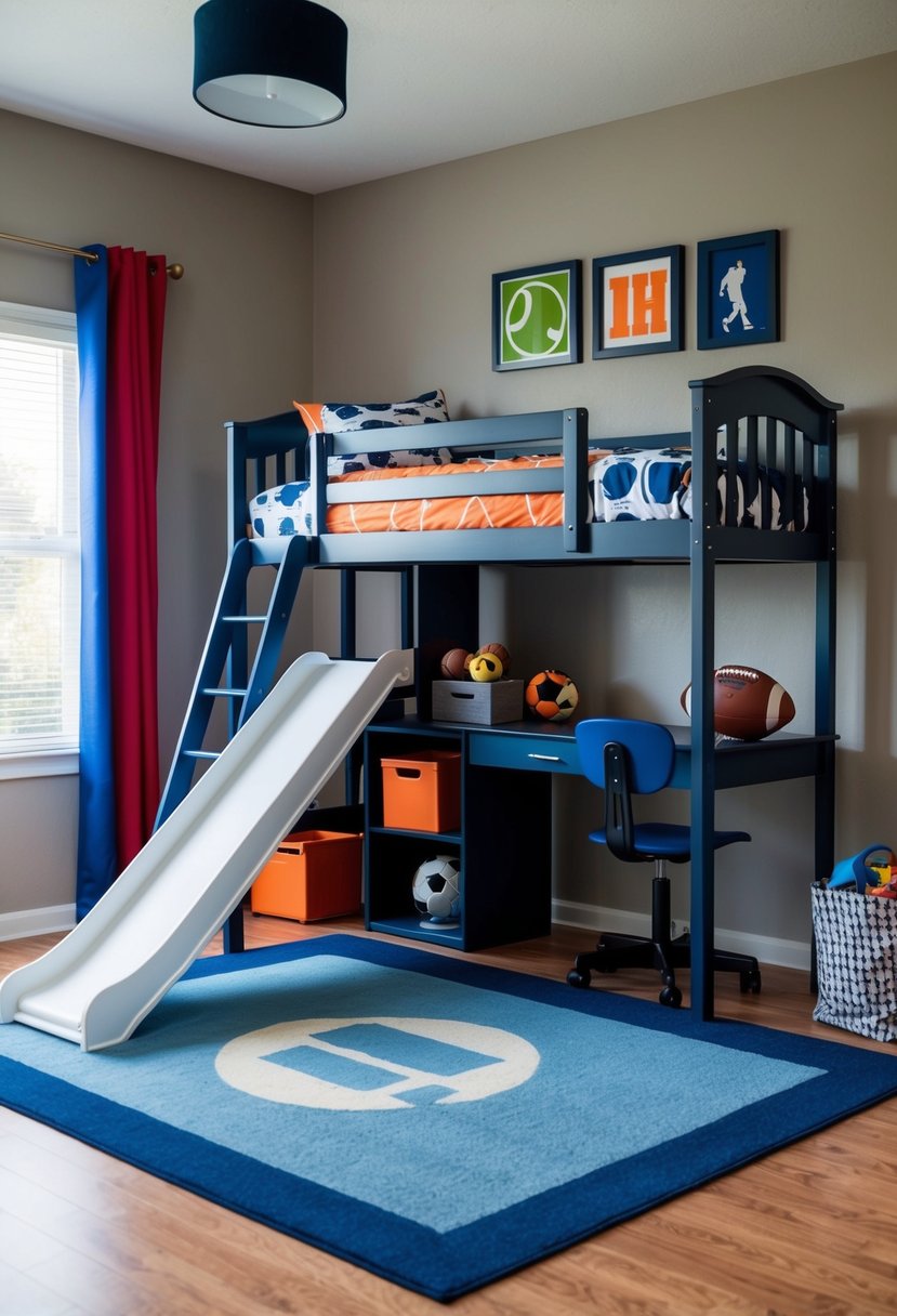 A loft bed with a slide, sports-themed bedding, toy storage, and a small desk underneath in a young boy's bedroom