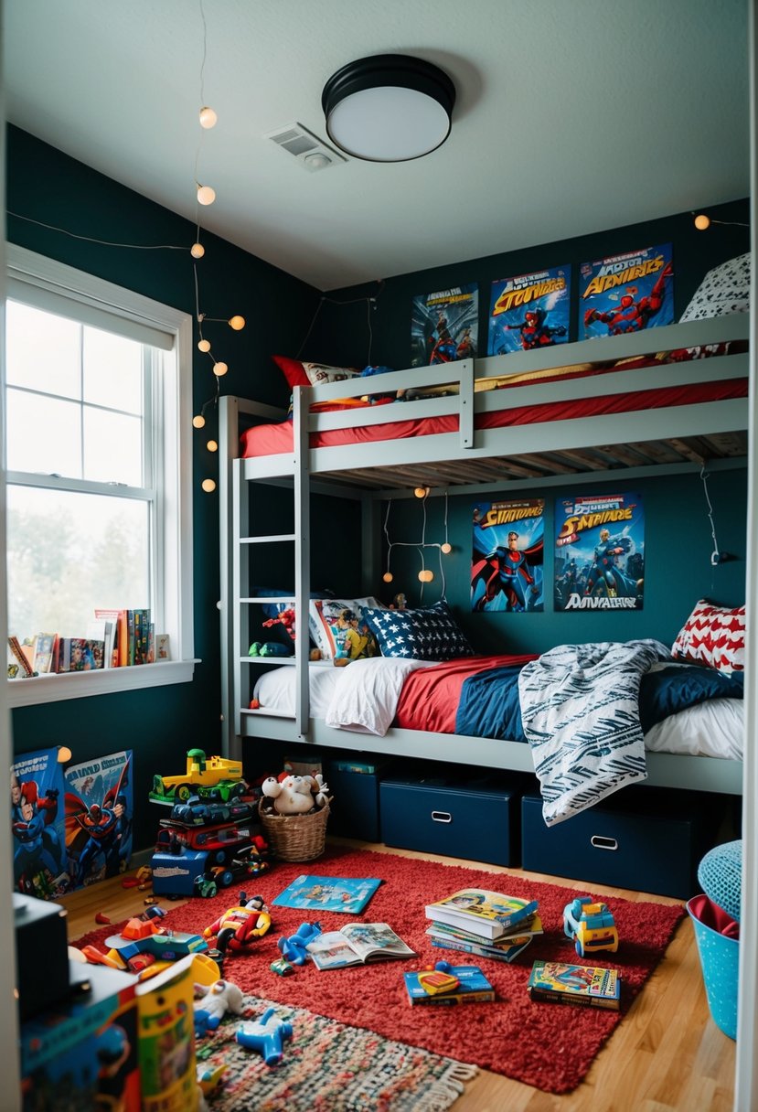 A cozy, cluttered bedroom with bunk beds, a makeshift fort, and posters of superheroes and adventure. Toys and books are scattered on the floor