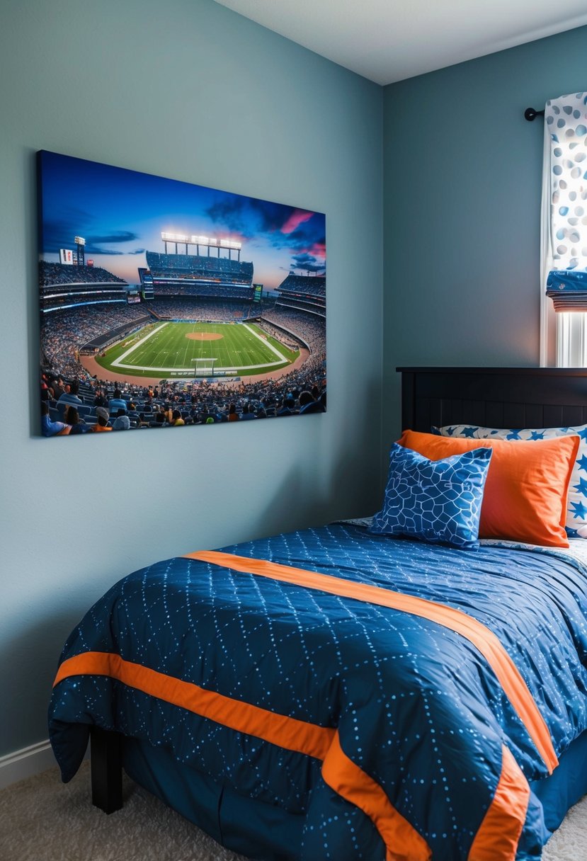 A young boy's bedroom with a custom wall print of his favorite city or sports stadium, featuring vibrant colors and dynamic details